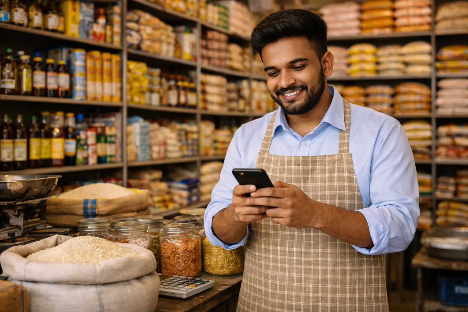 Indian shopkeeper using ERP on phone