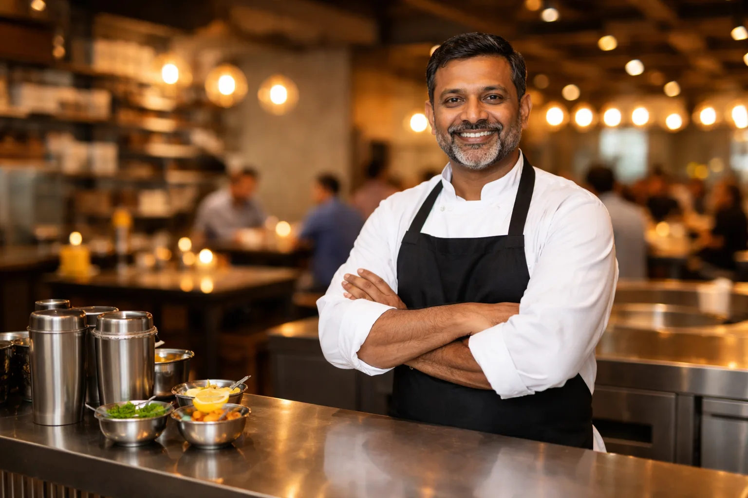Restaurant owner at counter using POS